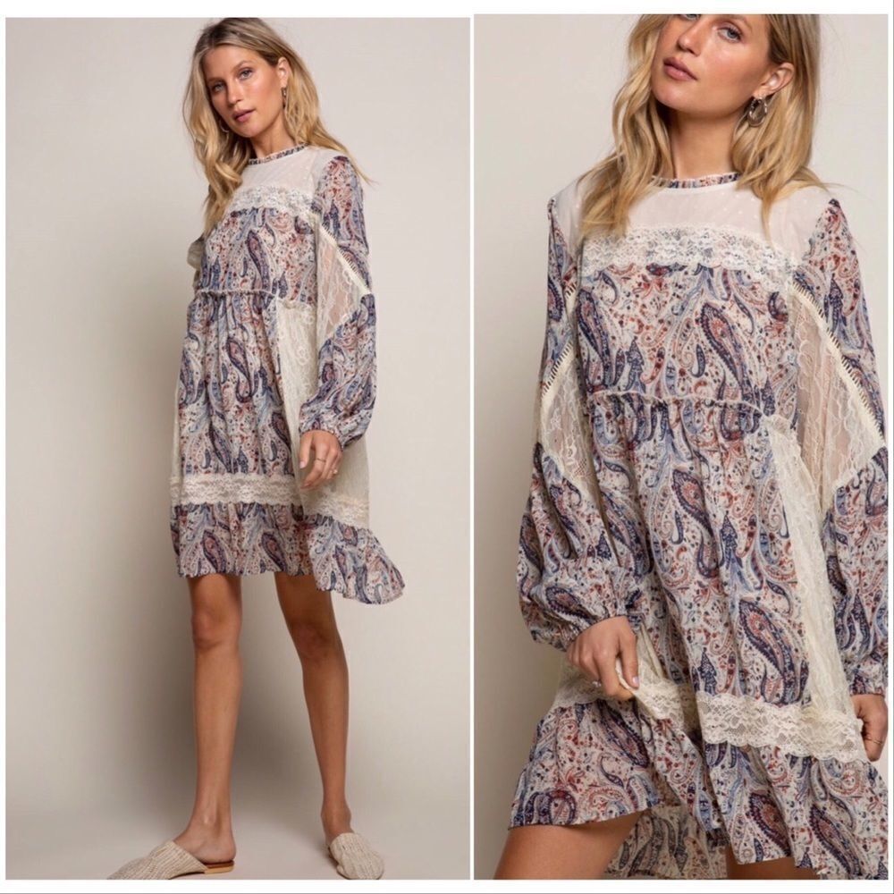 COTTAGE Core Woven Paisley Midi Dress w/ Lace And Ruffles